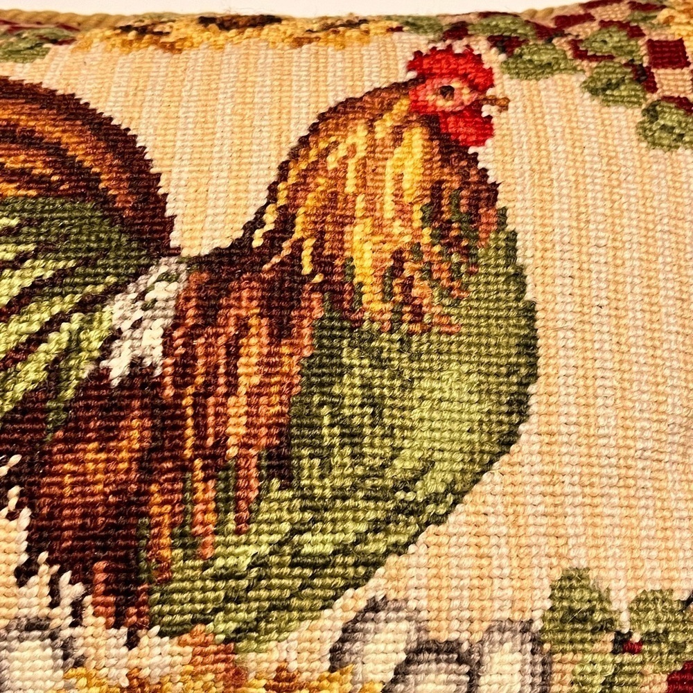Rooster/sunflower tapestry petit point needle point throwpillow gold velour back - Picture 7 of 16